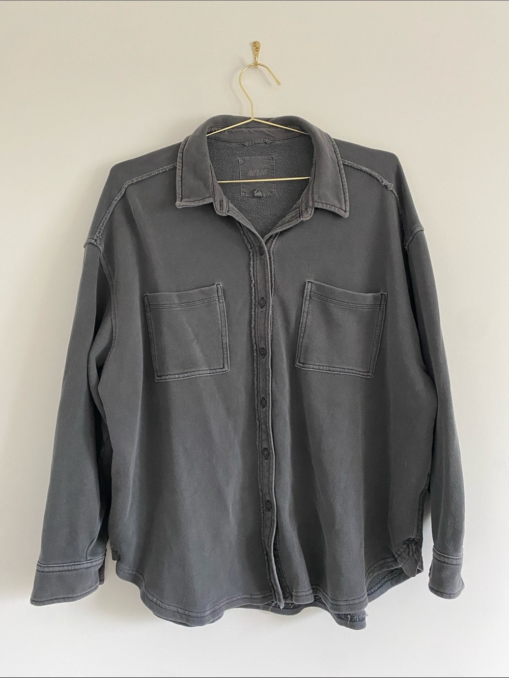 Aerie Washed Charcoal Oversized Fleece Button Down Sweatshirt - Picture 3 of 11